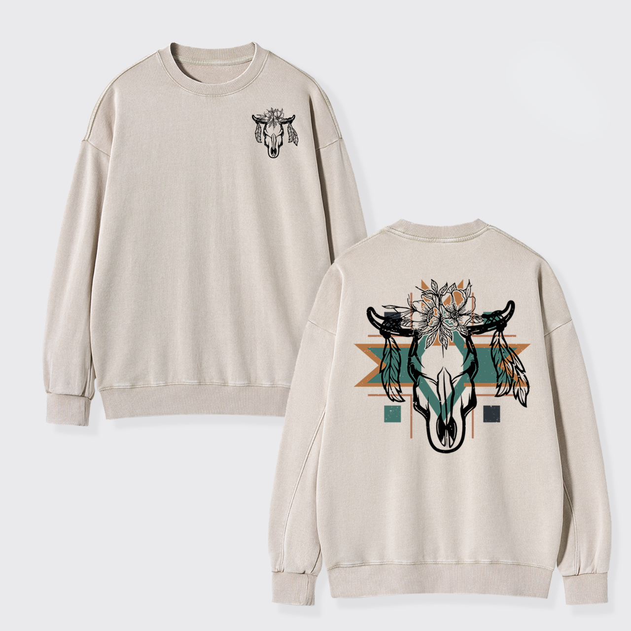 Aztec Cow Skull Washed Sweatshirts