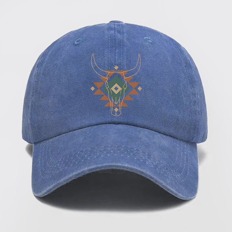 Aztec Cow Skull South Western Washed Baseball Cap