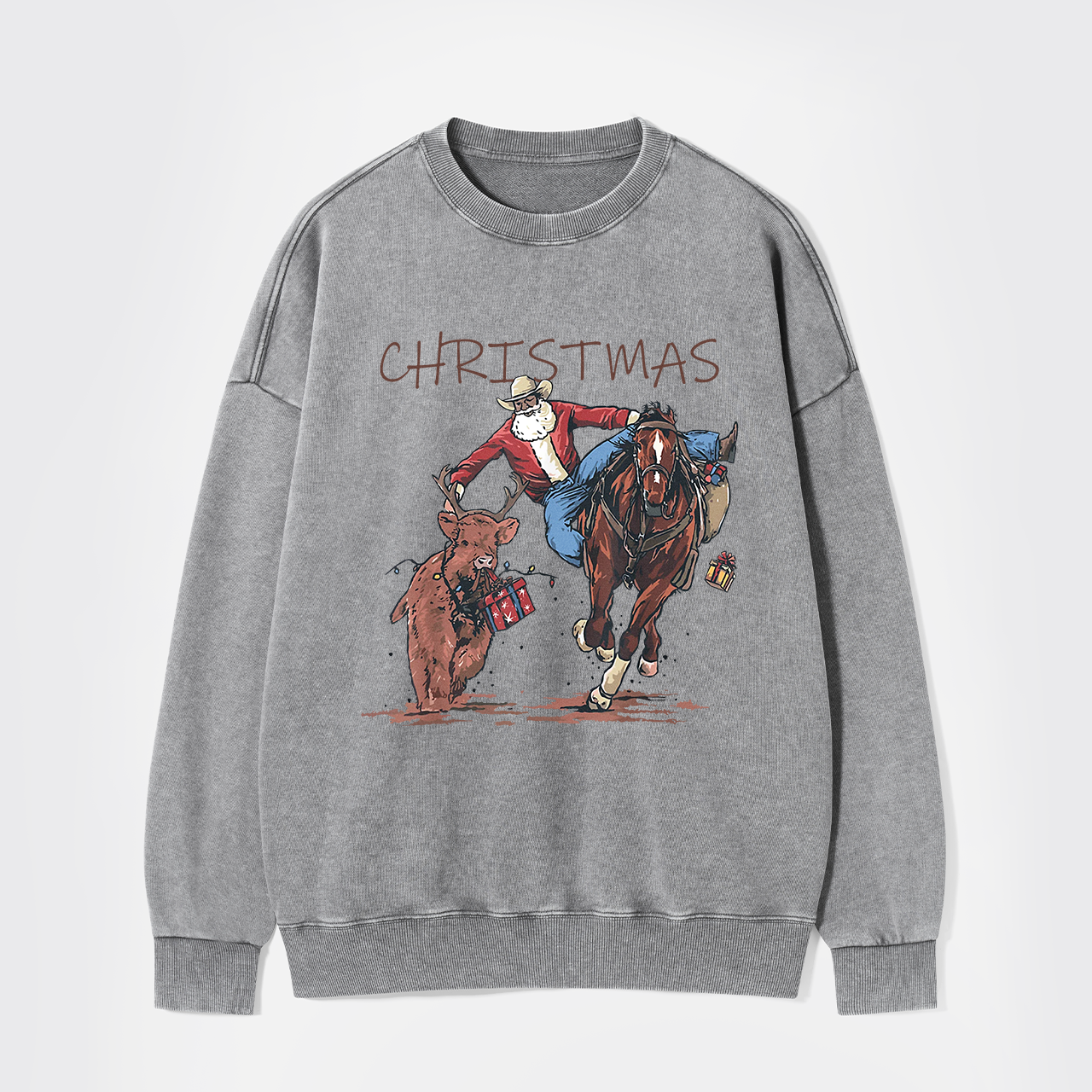 Cowboy Santa Claus Bullfight Washed Sweatshirts