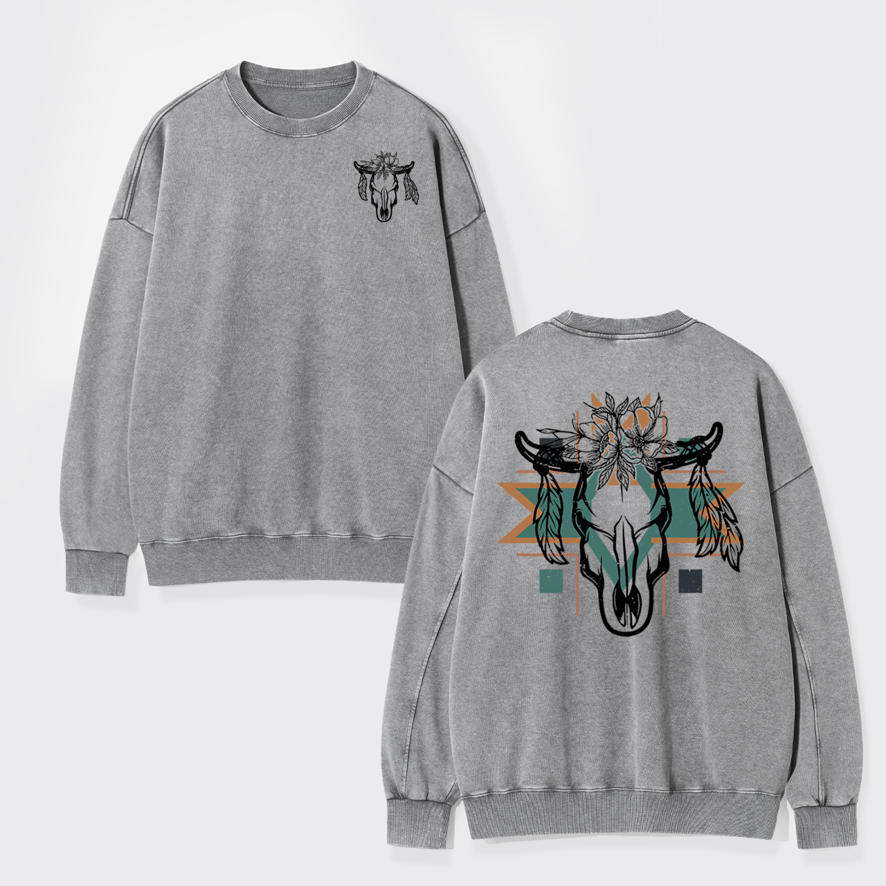 Aztec Cow Skull Washed Sweatshirts