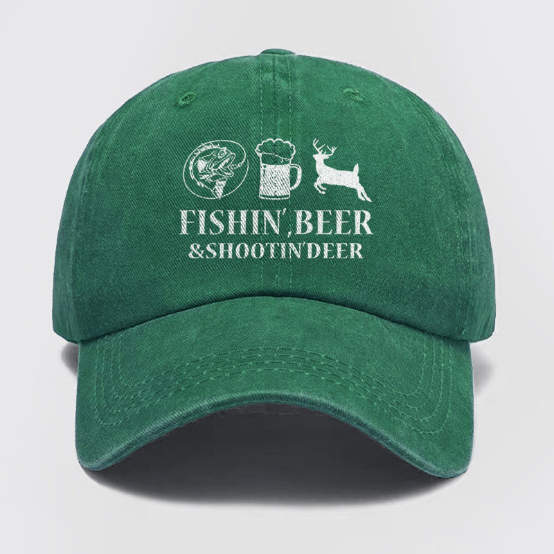 Fishin', Beer & Shootin' Deer Washed Baseball Cap