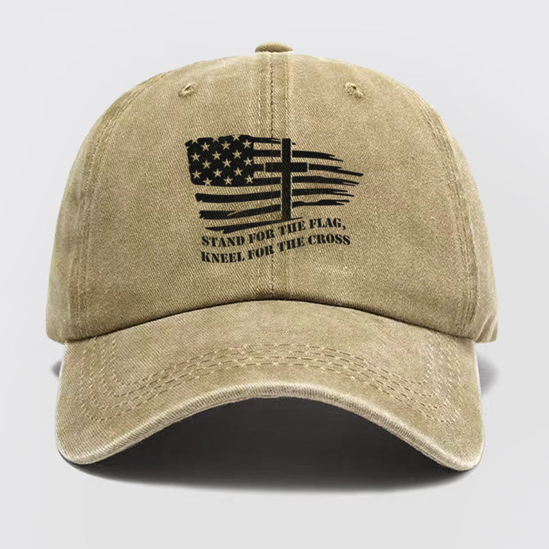 American Flag With Cross Washed Baseball Cap