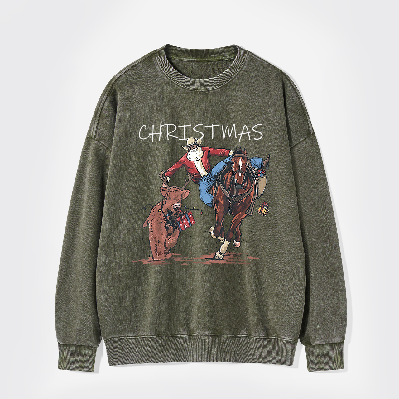 Cowboy Santa Claus Bullfight Washed Sweatshirts