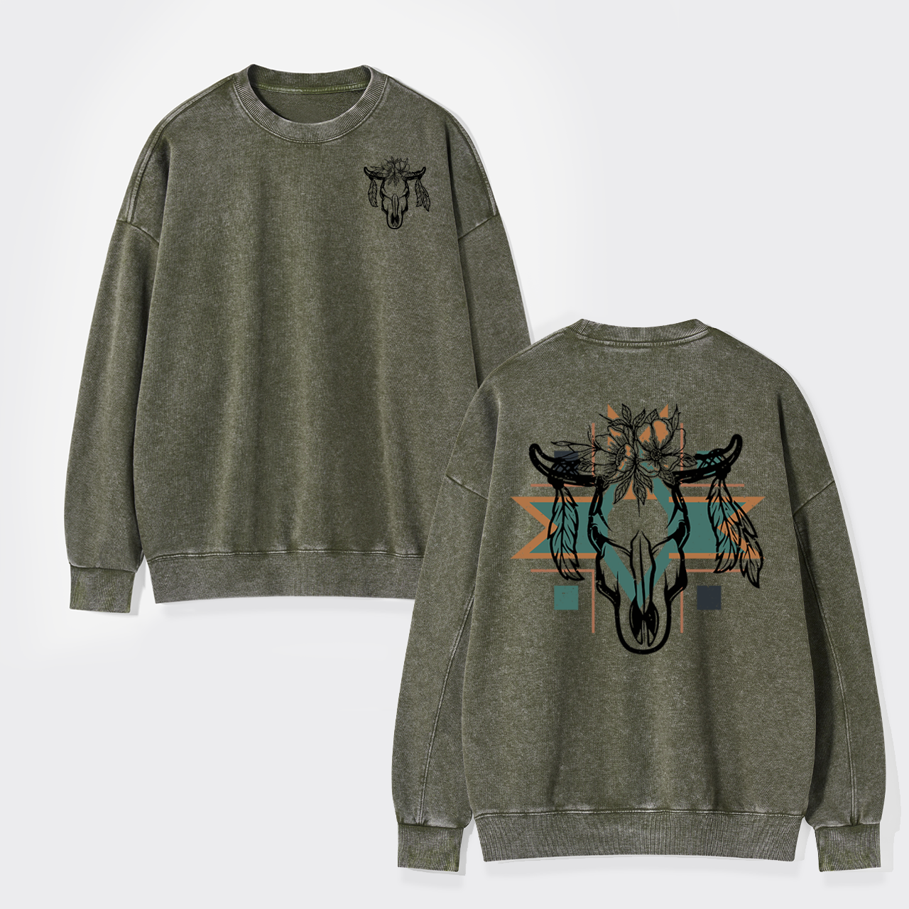 Aztec Cow Skull Washed Sweatshirts