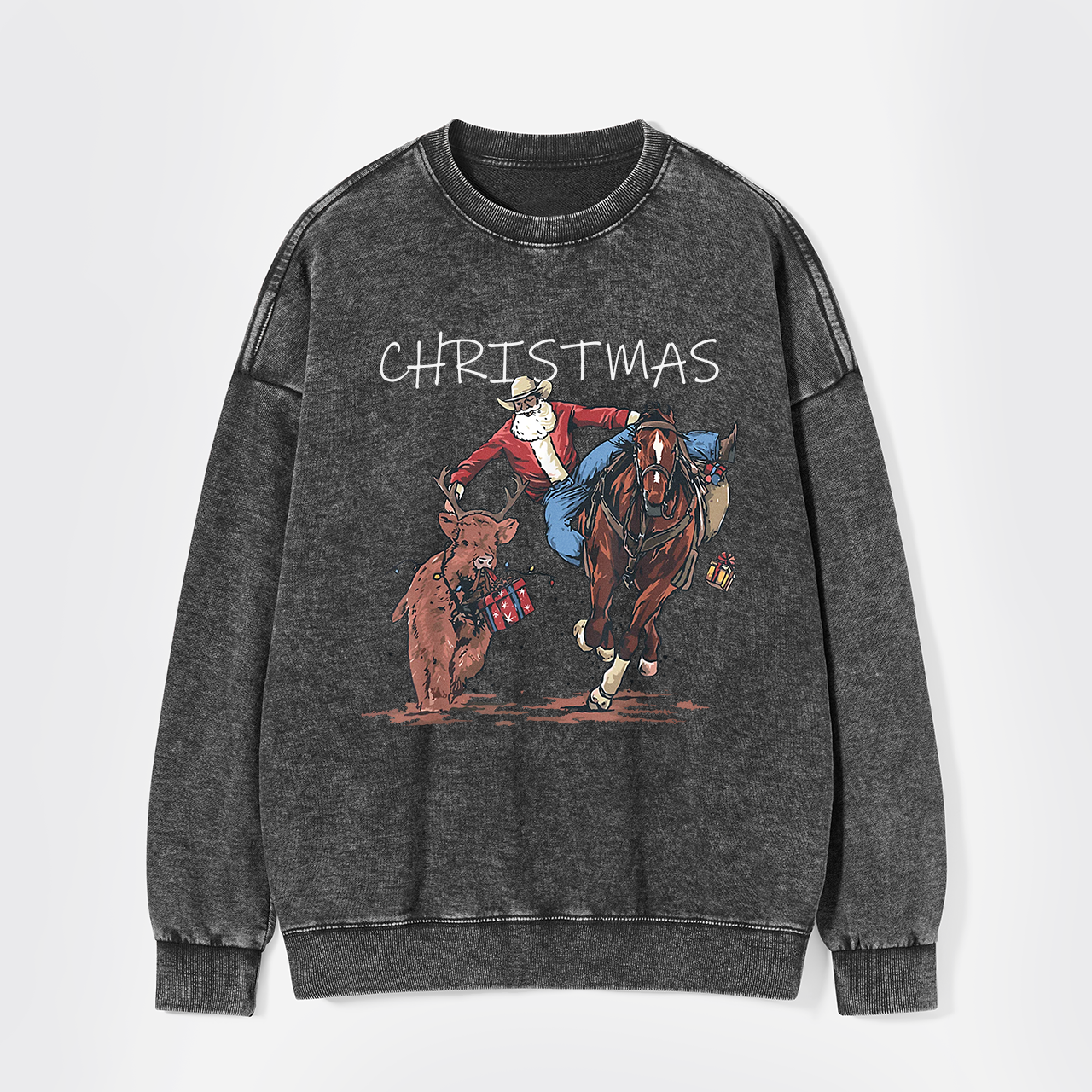 Cowboy Santa Claus Bullfight Washed Sweatshirts
