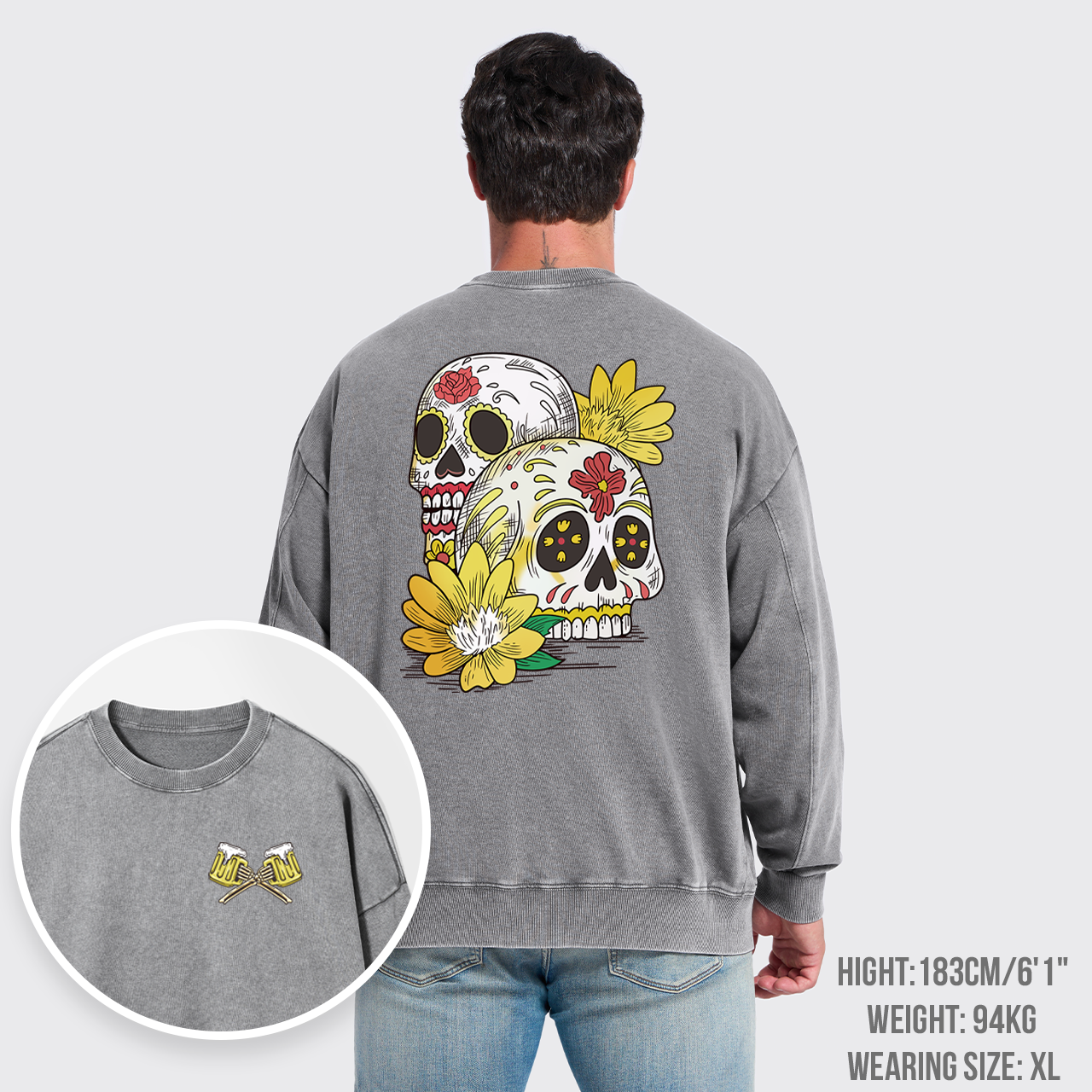 Beer Skull Montage Washed Sweatshirts