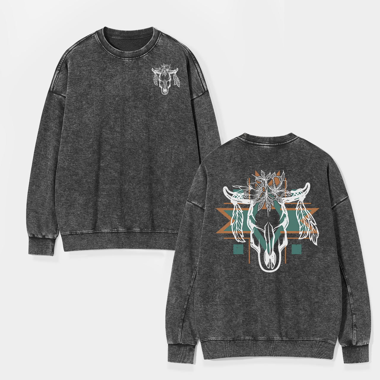 Aztec Cow Skull Washed Sweatshirts