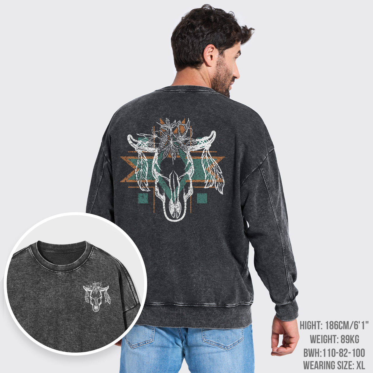 Aztec Cow Skull Washed Sweatshirts