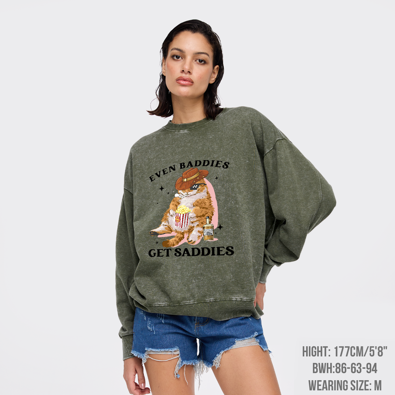 Even Baddies Get Saddies Funny Cat Washed Sweatshirts