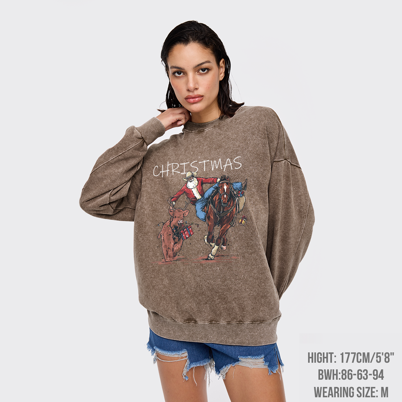 Cowboy Santa Claus Bullfight Washed Sweatshirts