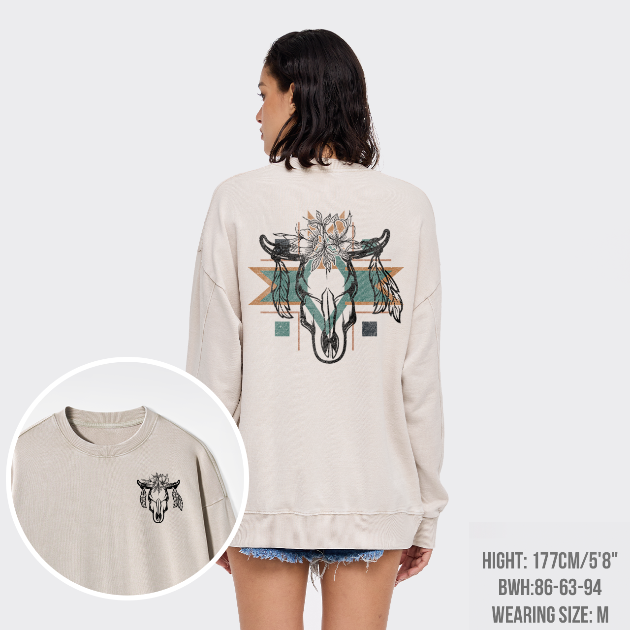 Aztec Cow Skull Washed Sweatshirts