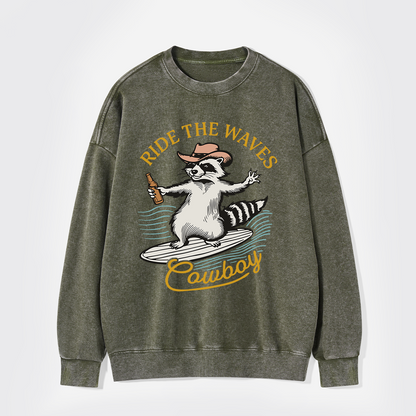 Surfing Cowboy Raccoon With Beer Washed Sweatshirts