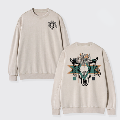 Aztec Cow Skull Washed Sweatshirts