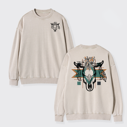 Aztec Cow Skull Washed Sweatshirts