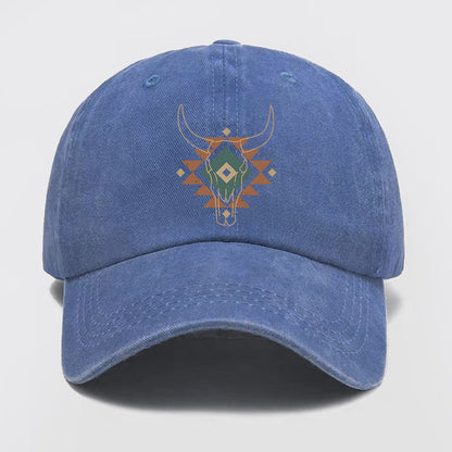 Aztec Cow Skull South Western Washed Baseball Cap