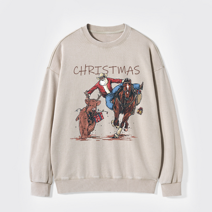 Cowboy Santa Claus Bullfight Washed Sweatshirts