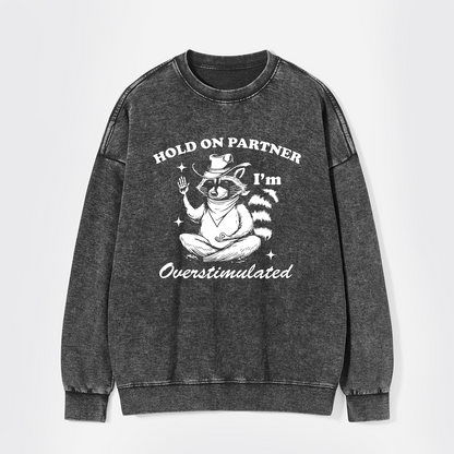 Hold On Partner I'm Overstimulated Washed Sweatshirts