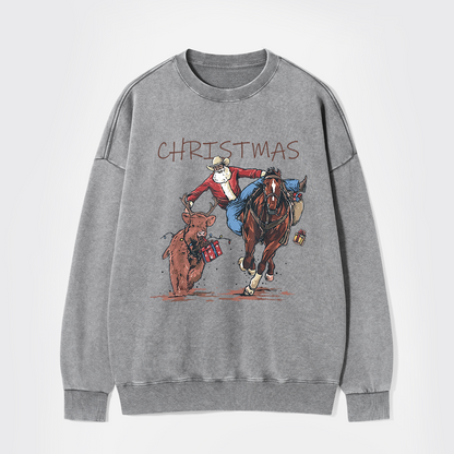 Cowboy Santa Claus Bullfight Washed Sweatshirts