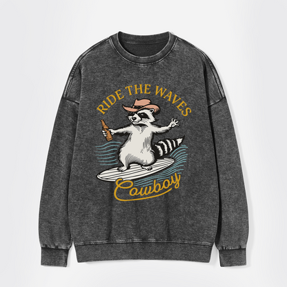 Surfing Cowboy Raccoon With Beer Washed Sweatshirts