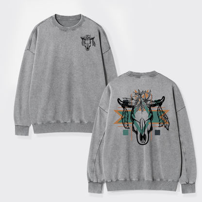 Aztec Cow Skull Washed Sweatshirts