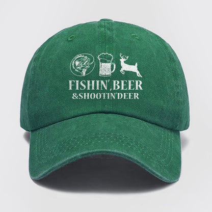 Fishin', Beer & Shootin' Deer Washed Baseball Cap