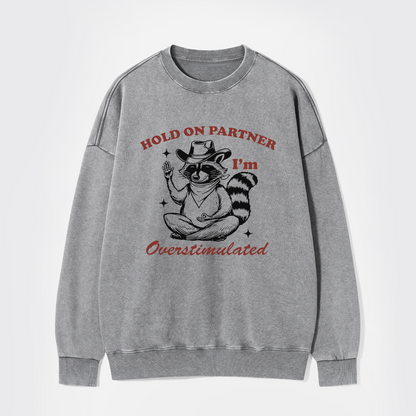 Hold On Partner I'm Overstimulated Washed Sweatshirts