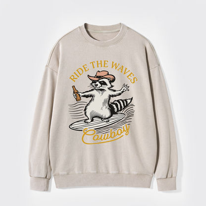 Surfing Cowboy Raccoon With Beer Washed Sweatshirts
