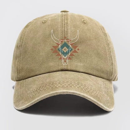 Aztec Cow Skull South Western Washed Baseball Cap