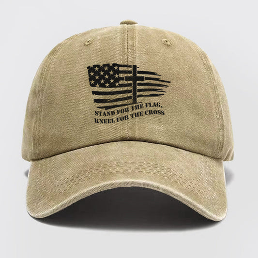 American Flag With Cross Washed Baseball Cap