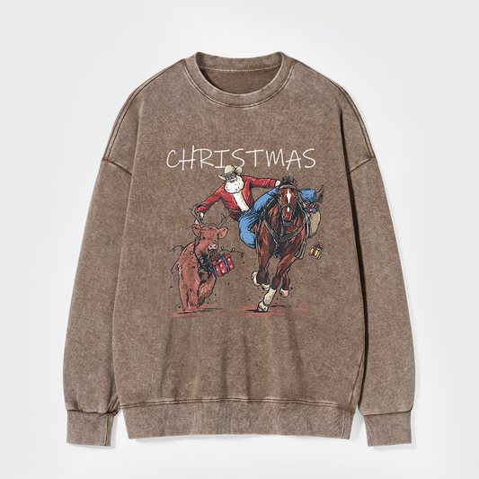 Cowboy Santa Claus Bullfight Washed Sweatshirts