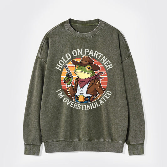 Hold On Partner I'm Overstimulated Washed Sweatshirts