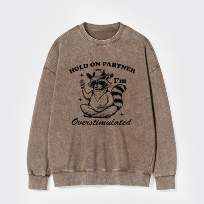 Hold On Partner I'm Overstimulated Washed Sweatshirts