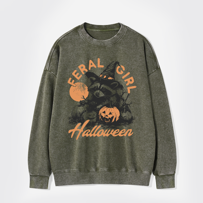 Halloween Feral Girl Raccoon Washed Sweatshirts