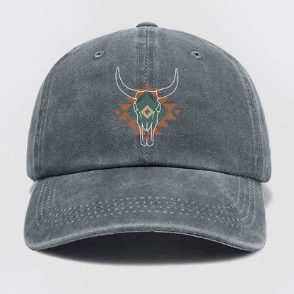 Aztec Cow Skull South Western Washed Baseball Cap