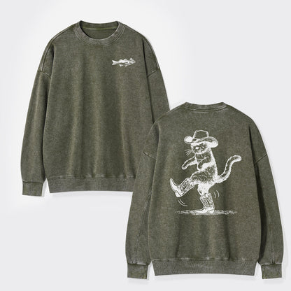 Cowboy Cat Looking For Fish Washed Sweatshirts