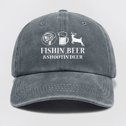 Fishin', Beer & Shootin' Deer Washed Baseball Cap