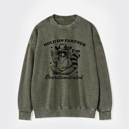 Hold On Partner I'm Overstimulated Washed Sweatshirts