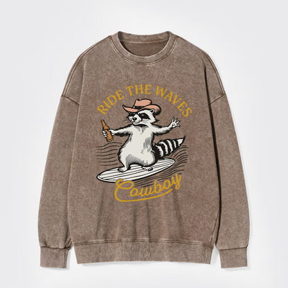 Surfing Cowboy Raccoon With Beer Washed Sweatshirts