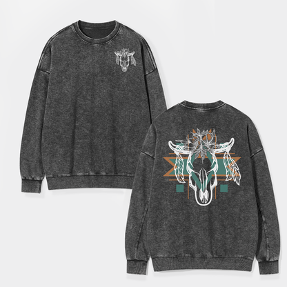 Aztec Cow Skull Washed Sweatshirts