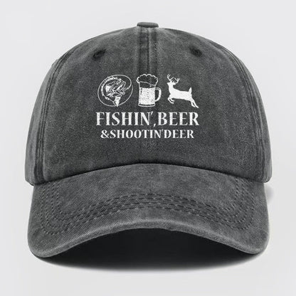 Fishin', Beer & Shootin' Deer Washed Baseball Cap
