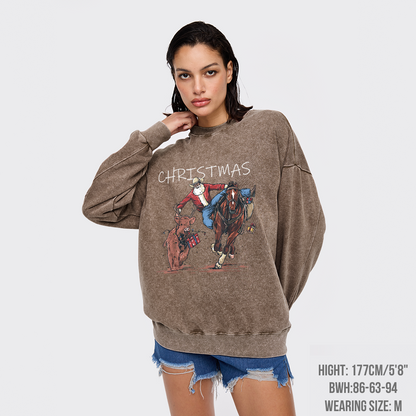 Cowboy Santa Claus Bullfight Washed Sweatshirts